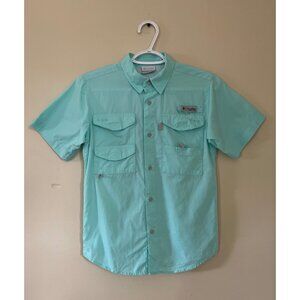 Columbia Boys Medium Bonehead Short Sleeve Shirt Blue Fishing Vented Rod Holder